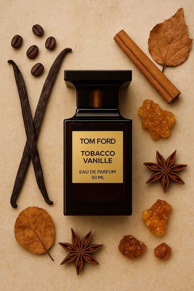 Tom Ford Tobacco Vanille perfume bottle surrounded by vanilla beans, cinnamon sticks, and star anise on a beige background.